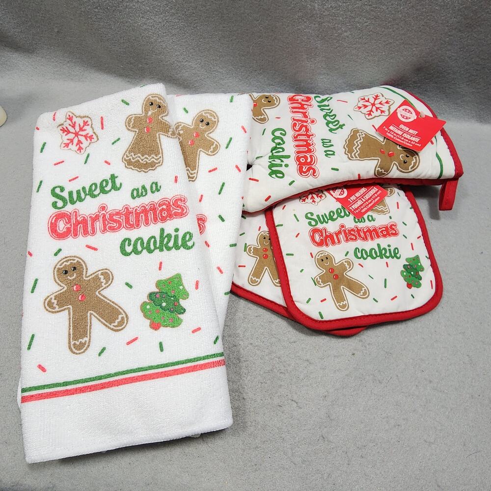 Sweet As A Christmas Cookie - Christmas Kitchen Towel, Potholders Mitten 5pc Set